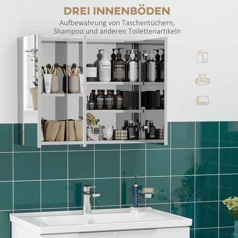 Armoire de toilette miroir 3 portes avec 5 étagères, meuble salle de bain en inox argenté, 70x12x55 cm (1/4)
