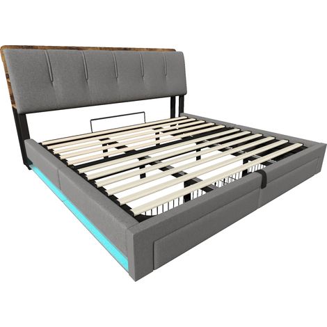 Lit coffre 180x200 gris, lit capitonné en lin avec rangement hydraulique, LED connectée et ports USB/Type-C, sans matelas. (1/5)