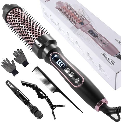 3-in-1-Thermobürste, 38 mm Keramik-Heizbürste, LCD-Display, 100–210 °C, Glätten, sanfte Locken, Volumen, Anti-Frizz-Ionentechnologie, 5 Temperaturstufen, schnelles Aufheizen (Schwarz)