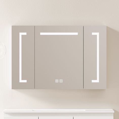Armoire de Toilette LED 90 cm avec Espace de Rangement - Meuble Miroir Mobile Lumineux pour Salle de Bain, Chambre et Salon