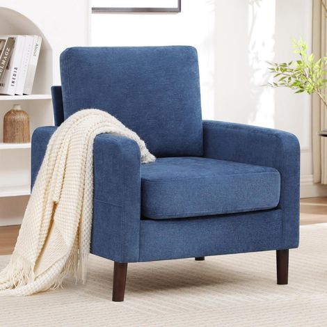 Fauteuil confortable bleu en tissu chenille avec pieds en bois (1/5)