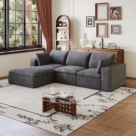 Canapé Droit Nuage - 260x160x60cm - Modulaire Convertible en Velours Côtelé sans Cadre avec Assise Double Couche - Gris Foncé (1/5)