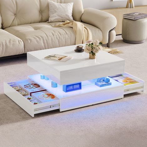 Table basse carrée extensible 78x78x43cm – Éclairage LED ambiant – 2 tiroirs de rangement pratique – Finition lustrée design contemporain – Idéal salon chambre espace travail – Couleur blanche (1/5)