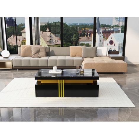 Table rectangulaire contemporaine, plateau effet marbre brillant, 2 tiroirs en bois massif, meuble de salon, 100x50x40 cm