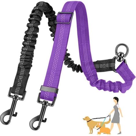 Doppelt verstellbare, verwicklungsfreie, um 360° drehbare, reflektierende Trainingsleine für kleine, mittlere und große Hunde (Schwarz+Lila) (1/5)