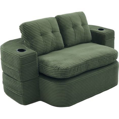 CHICFURN Sofá sillón 2 en 1 de terciopelo acanalado verde esmeralda, con función de relax y tumbona, respaldo alto, asiento extraprofundó, portavasos dobles y bolsillo lateral (1/5)