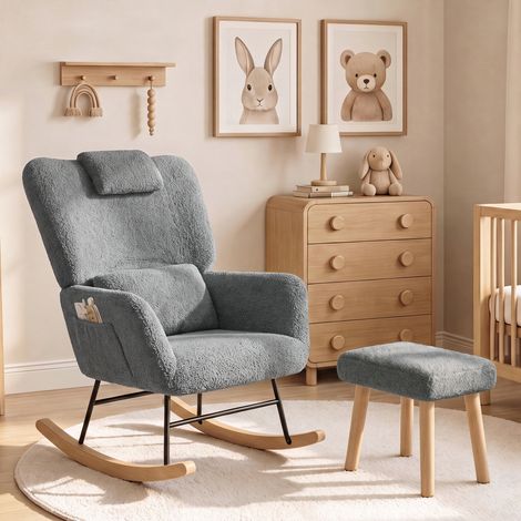 Fauteuil à Bascule en Tissu Bouclette Gris avec Repose-Pieds - Rocking Chair Fauteuil d'allaitement, Relaxation - Scandinave (1/5)