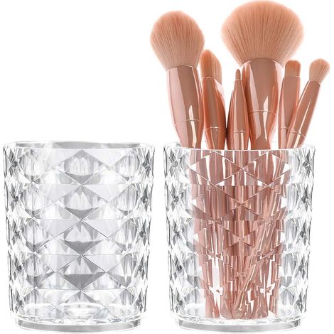 Confezione da 2 porta pennelli per trucco in cristallo, organizer in acrilico, barattolo per pennelli cosmetici, eyeliner, matite per sopracciglia, penne, decorazioni per scrivania, espositore per cas (1/5)