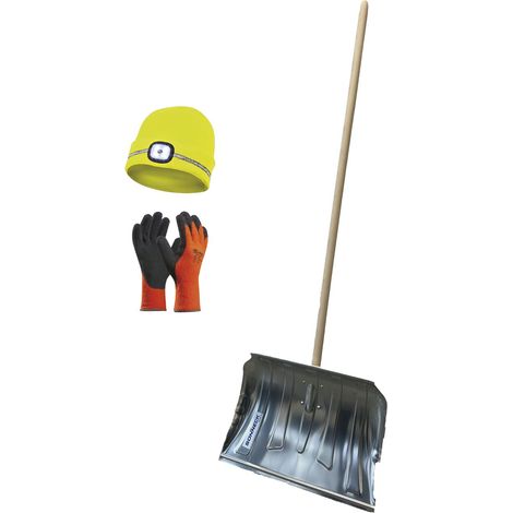 vasalat Schneeschieber Alu mit massivem Holzstiel - Schneeschaufel + Mütze mit LED Licht gelb + Winter Arbeitshandschuhe Gr.10 (1/5)