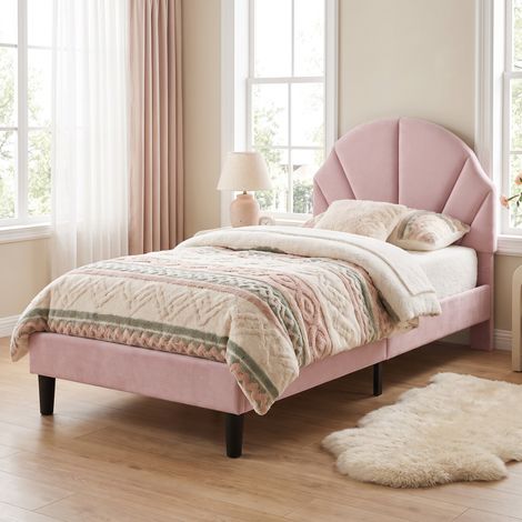 Cama individual infantil 90x190 cm con somier de láminas cabecero ajustable en altura forma pétalo diseño moderno acolchada terciopelo - rosa (1/5)