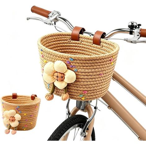 Panier tressé pour vélo fille - Panier de guidon - Sacoche de vélo - Porte-bagages - Panier de courses - Compatible avec les guidons de vélos, draisiennes et trottinettes pour enfants - Beige (1/5)