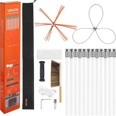 VEVOR Kit de Ramonage 12 m Ramonage Cheminee Brosse Extensible Outil de Nettoyage Foyer pour Cheminees Carrees Rectangulaires Arquees, avec Double Tete de Brosse, Tiges Nylon, Lunettes de Protection