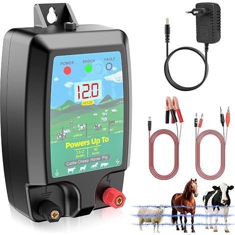 10 km langer Elektrozaun für Tiere, leistungsstarkes 2-J-Elektrozaungerät mit LCD-Bildschirm, wasserdichter Hochleistungs-Elektrozaun für Bauernhof, Garten und Weide (1/5)