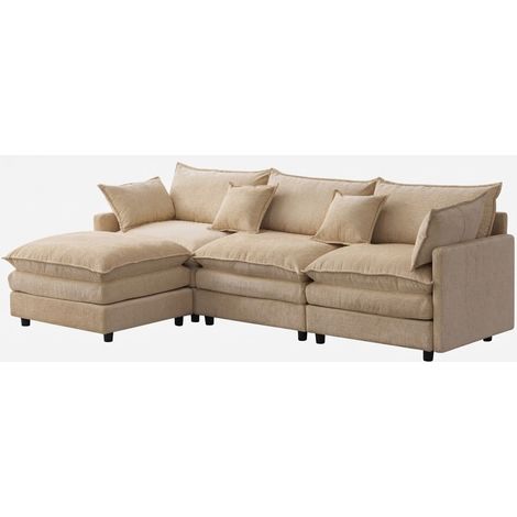 ELVMI Divano Angolare Modulare 3 Posti con Chaise Longue e Pouf Mobile, Cuscini Sfoderabili, in Ciniglia Caffè Chiaro (1/5)