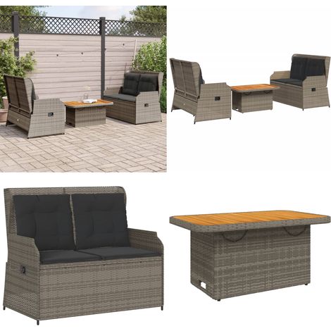 Set de muebles de jardín 3 pzas y cojines ratán sintético gris - Muebles de jardín - Banco de jardín reclinable