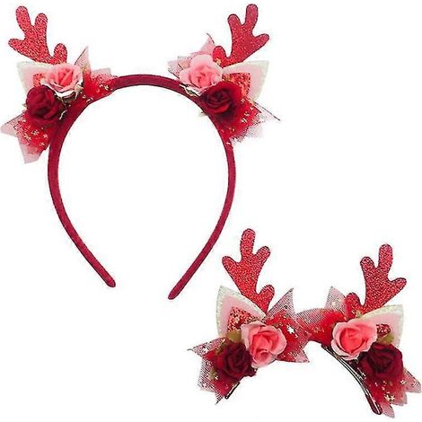 Weihnachtsdekorationen: Geweih-Kopfschmuck, Glitzer-Hirschohr-Haarreif, Rosen-Rentier-Haarspangen, Haaraccessoires für Mädchen zur Weihnachtsfeier (3-teilig, rot) (1/5)