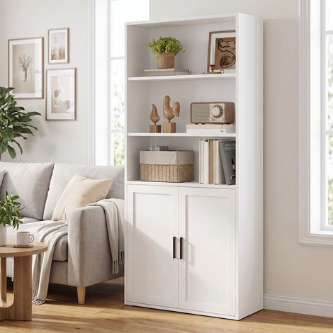 Bibliothèque, 5 Niveaux, Étagère à Livres avec Portes, 60 x 24 x 145,9 cm, pour Salon, Bureau, Salle à Manger, Blanc