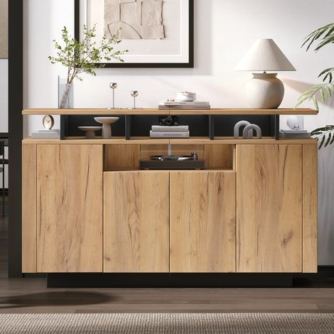 Buffet 4 portes 140x40x85 cm, bahut de salle à manger avec niches ouvertes, grand rangement, panneaux de particules, effet bois naturel et noir (1/5)