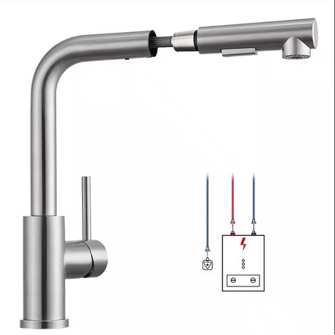 Robinet Cuisine Basse Pression avec Douchette Extractible 2 Modes, Rotation 360°, 3 Raccords pour Boiler, Mitigeur Inox Brossé Résistant et Pratique (1/5)