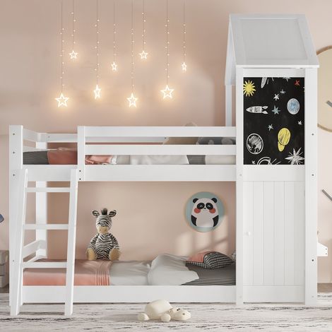 Lit superposé enfant 90x200 cm, avec porte et tableau noir – Design maison avec fenêtre et toit, échelle inclinée, sommier lattes - Blanc (1/5)