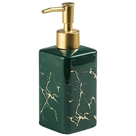 Seifenspender aus Marmor, dekorative Handlotionflasche mit goldener Pumpe, nachfüllbares Badezimmeraccessoire für Zuhause/Büro (dunkelgrün) - AquaForge (1/4)