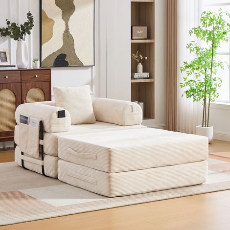 Fauteuil compressé en velours côtelé avec cadre métallique robuste – design ergonomique + rembourrage épais pour un confort durable. Avec poche latérale et coussin, librement combinable – polyvalent. (1/5)