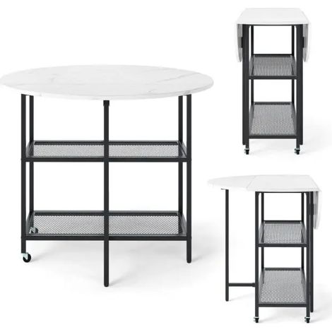 Table de cuisine ronde blanche avec plateau rabattable, étagères de rangement et 2 roulettes verrouillables pour cuisine et salon (1/5)