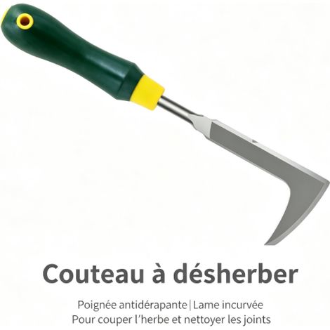 Couteau à désherber manuel à lame incurvée, poignée antidérapante, outil nettoyage des joints de dallage (1/5)