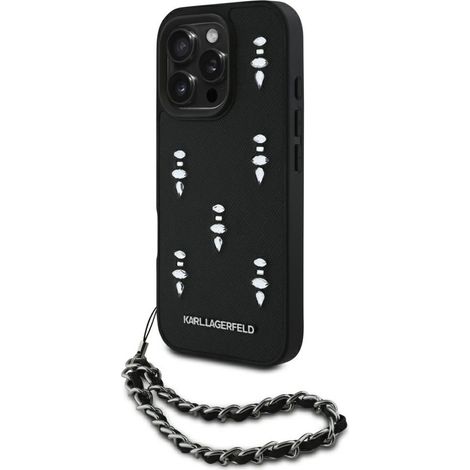 Funda Karl Lagerfeld Saffiano Crystals con cadena para iPhone 16 Pro negra (1/5)