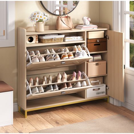 Schuhschrank mit Klappdeckeln (110 x 24 x 100 cm), geometrisch geprägte Türen, Soft-Close, MDF, Natur (1/5)