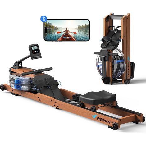 Merach – Rameur à eau pliable en bois massif – 6 niveaux de résistance – Capacité 180 kg – Compatible Kinomap et Zwift – Entraînement connecté