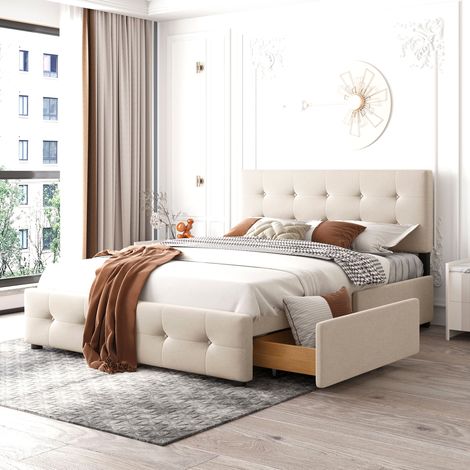 Cama tapizada 140/200 cm beige de terciopelo con 4 cajones y somier (1/5)