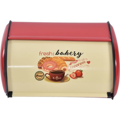 Bote à pain en métal pour comptoir de cuisine, conteneur de support de poubelle à pain de grande capacité avec couvercle à rouleau rouge (1/5)