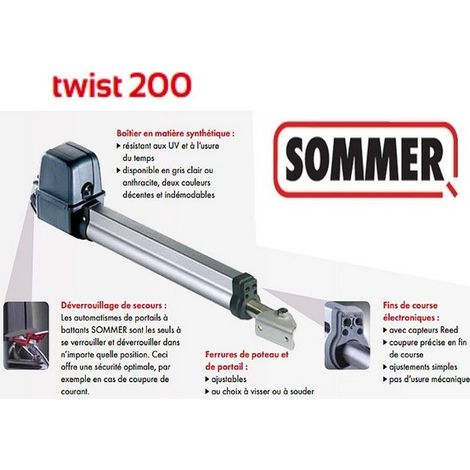Sommer – Vérin électromécanique pour motorisation de portail – Compatible avec ferrure SO12294V000 – Vendu sans fixations – Modèle TWIST 200