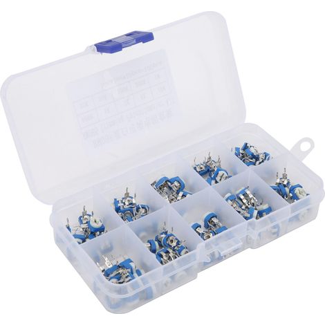 100 Pièces Potentiomètre Ajustable Trimmer RM065, Composant Électronique, Résistance Variable, Bleu et Blanc (1/5)