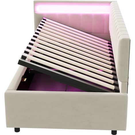 Polsterbett 90 x 200 cm mit LED und hydraulischem Stauraum aus beigem Samt - MODENUIT (1/5)