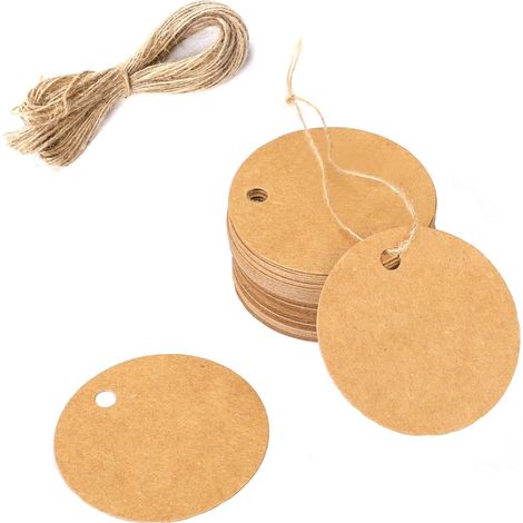 100 étiquettes cadeaux rondes en papier kraft avec ficelle, petites étiquettes de prix vierges à suspendre pour emballer des cadeaux, vêtements et cadeaux de mariage. (1/5)