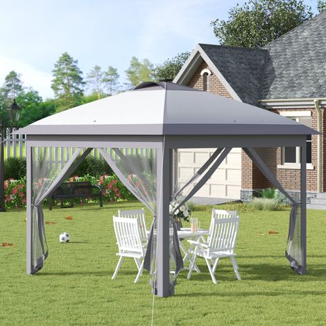 Gazebo pliant gris 3,3x3,3 m tissu Oxford avec éclairage LED USB et parois en treillis. Protection solaire optimale pour jardin.