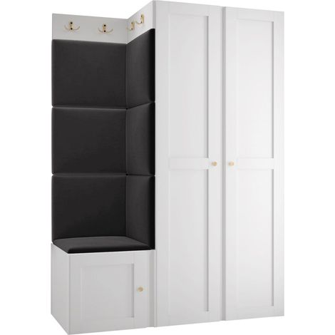 Meuble d'entrée Hartford 379, Blanc, 186x116x46cm, MDF, Stratifié, Tissu, Murale, À poser