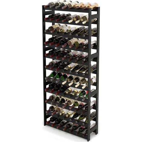 Relaxdays Weinregal, 77 Flaschen, Walnussholz, 166x72,5x25 cm, Weinhalter für Rot- & Weißwein, Flaschenregal, schwarz