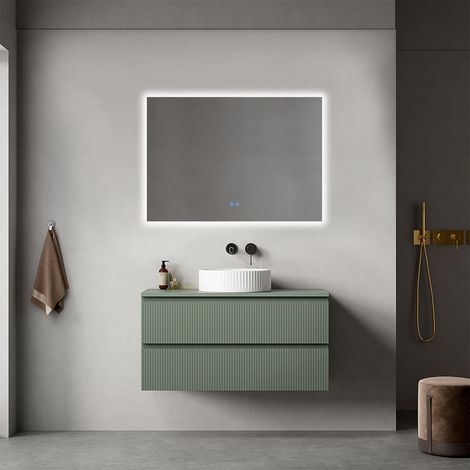 Mobile bagno sospeso cannettato 100 cm Verde Salvia per Lavabo d'appoggio Specchio Quadro Retroilluminato - Fiji Paint Top Canneté (1/4)