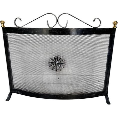 Parascintille per Camino Curvo in Ferro,Parafuoco con Pomelli in Ottone Made in Italy 60x46 cm