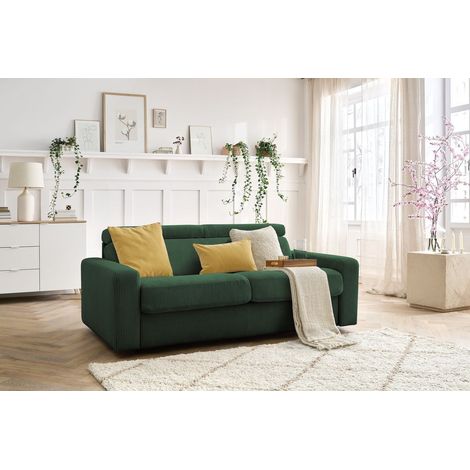 BOBOCHIC - Canapé droit convertible MONACO ouverture express velours côtelé 140x190 Vert (1/5)
