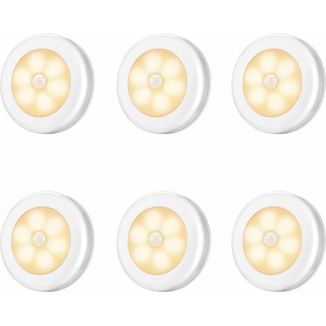 Lot de 6 lampes LED à détecteur de mouvement, veilleuses LED, idéales pour les escaliers, les placards, les armoires, faciles à installer, fonctionnent sur piles (non incluses) (lumière blanc chaud) (1/5)