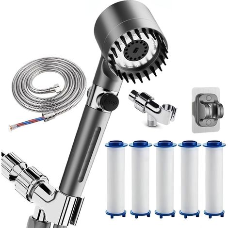 Duschkopf mit Filter, fünf Filtern, Handbrause, Hochdruck-Turbo-Duschkopf, wiederverwendbar, verstellbare Einstellungen, 5-teiliges Schlauchset (1/5)