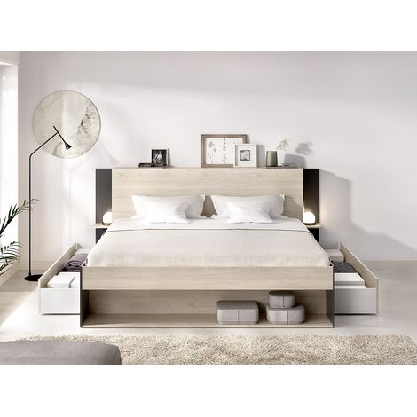 Lit 140 x 190 cm avec rangements - Coloris : Naturel et noir + Sommier + Matelas - KEROSIA (1/4)
