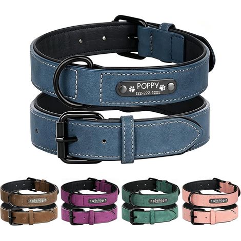 Collier de Chien Personnalisé, Cuir PU Épaissi avec Intérieur Doux, Gravure Laser Nom et Téléphone, Collier Réglable pour Petits Moyens Grands Chiens S-XXL (M: Cou 27-35cm, Largeur 2,0cm) (1/5)