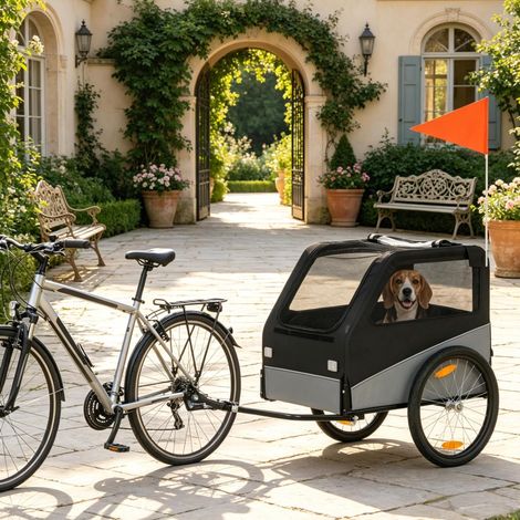 Rimorchio bici per cane con ruote 20" pieghevole, nero e grigio DESVIAE (1/5)