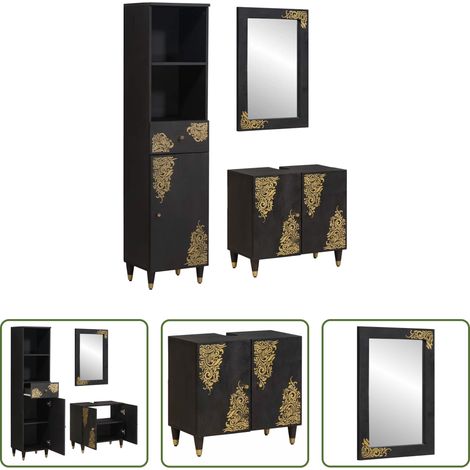 Holz Schrank - Badezimmerschrank-Set mit Tür 3 pcs Schwarz Massivholz Mango (1/5)