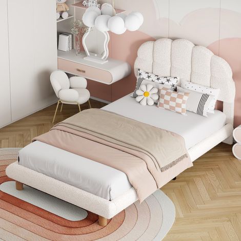 Cama infantil de 90x200 cm en tejido bouclé blanco - Cabecero con diseño de concha - Estructura de cama acolchada suave de estilo escandinavo - Blanco roto (1/5)